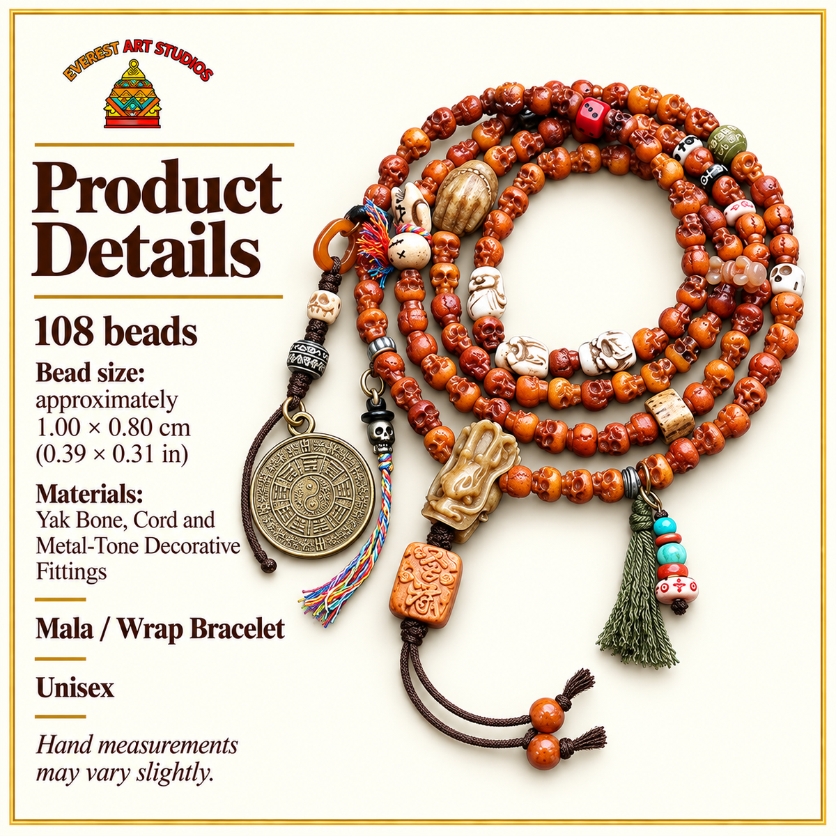 EverestArtstudios Carved Yak Bone 108-Bead Mala with Bagua and Mani Motif Charms — specifications
