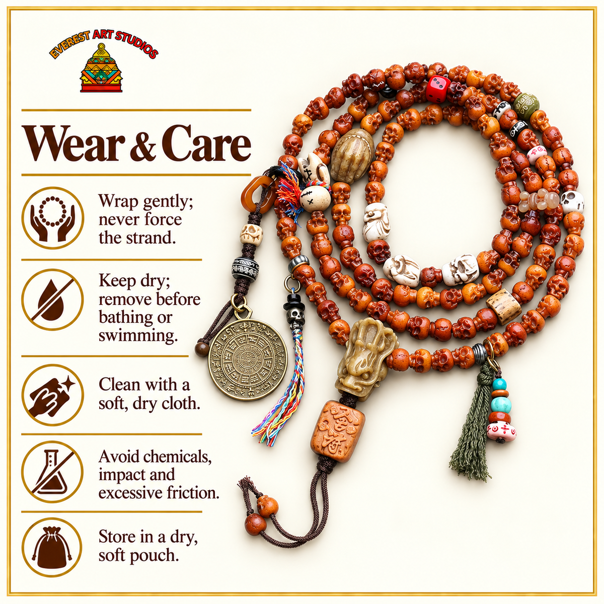 EverestArtstudios Carved Yak Bone 108-Bead Mala with Bagua and Mani Motif Charms — care