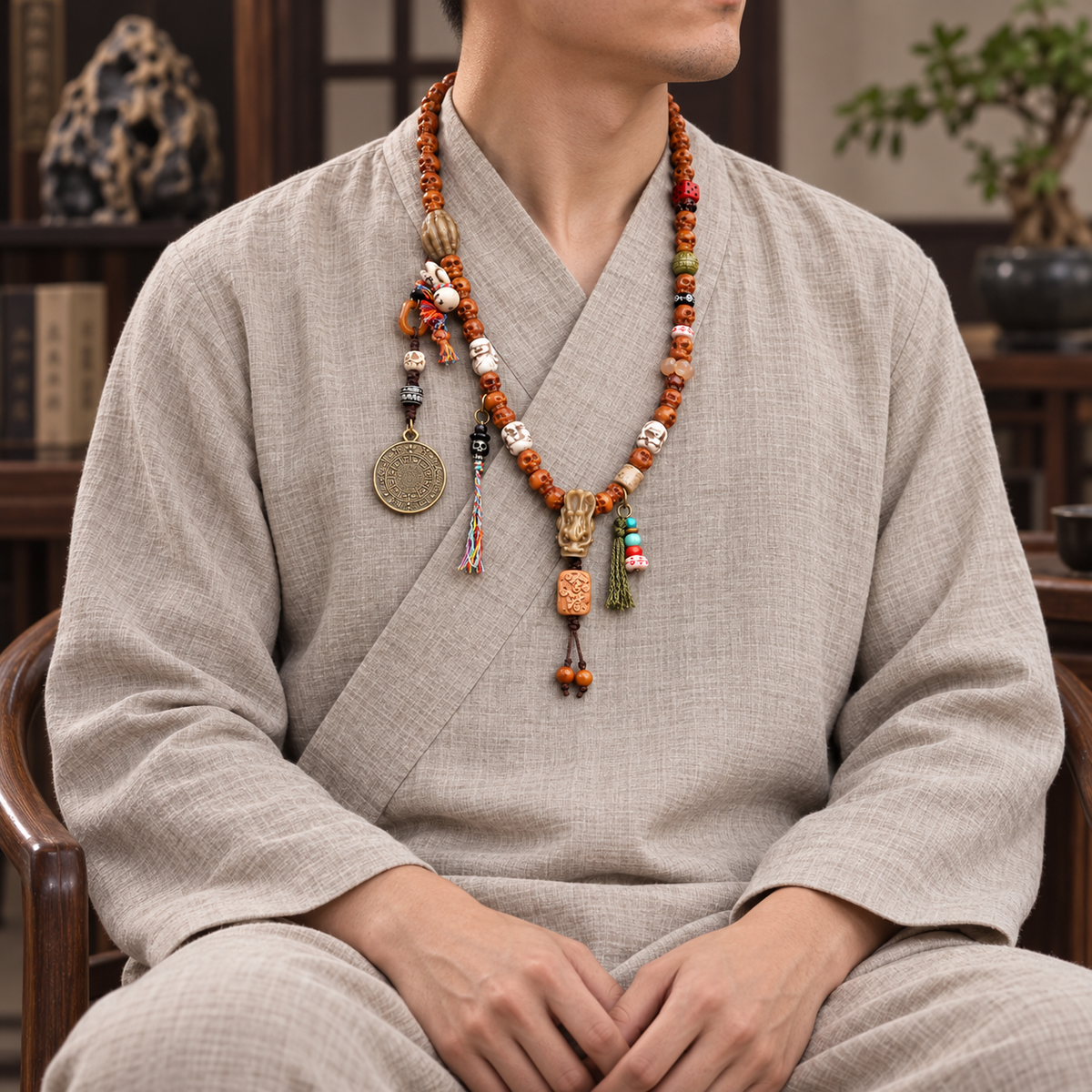 EverestArtstudios Carved Yak Bone 108-Bead Mala with Bagua and Mani Motif Charms — linen seated