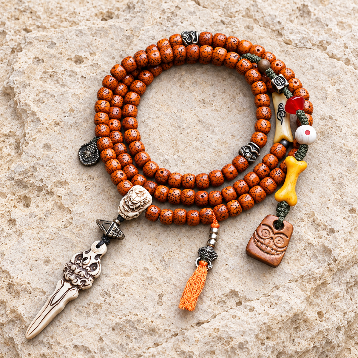 EverestArtstudios Xingyue Bodhi 108-Bead Mala with Yak Bone and Dragon Motif Accents — overall display