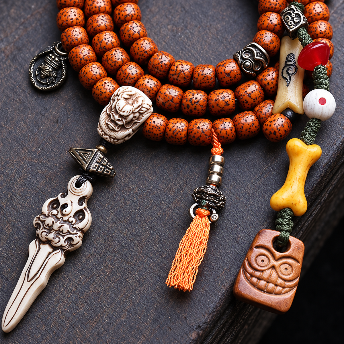 EverestArtstudios Xingyue Bodhi 108-Bead Mala with Yak Bone and Dragon Motif Accents — connection detail