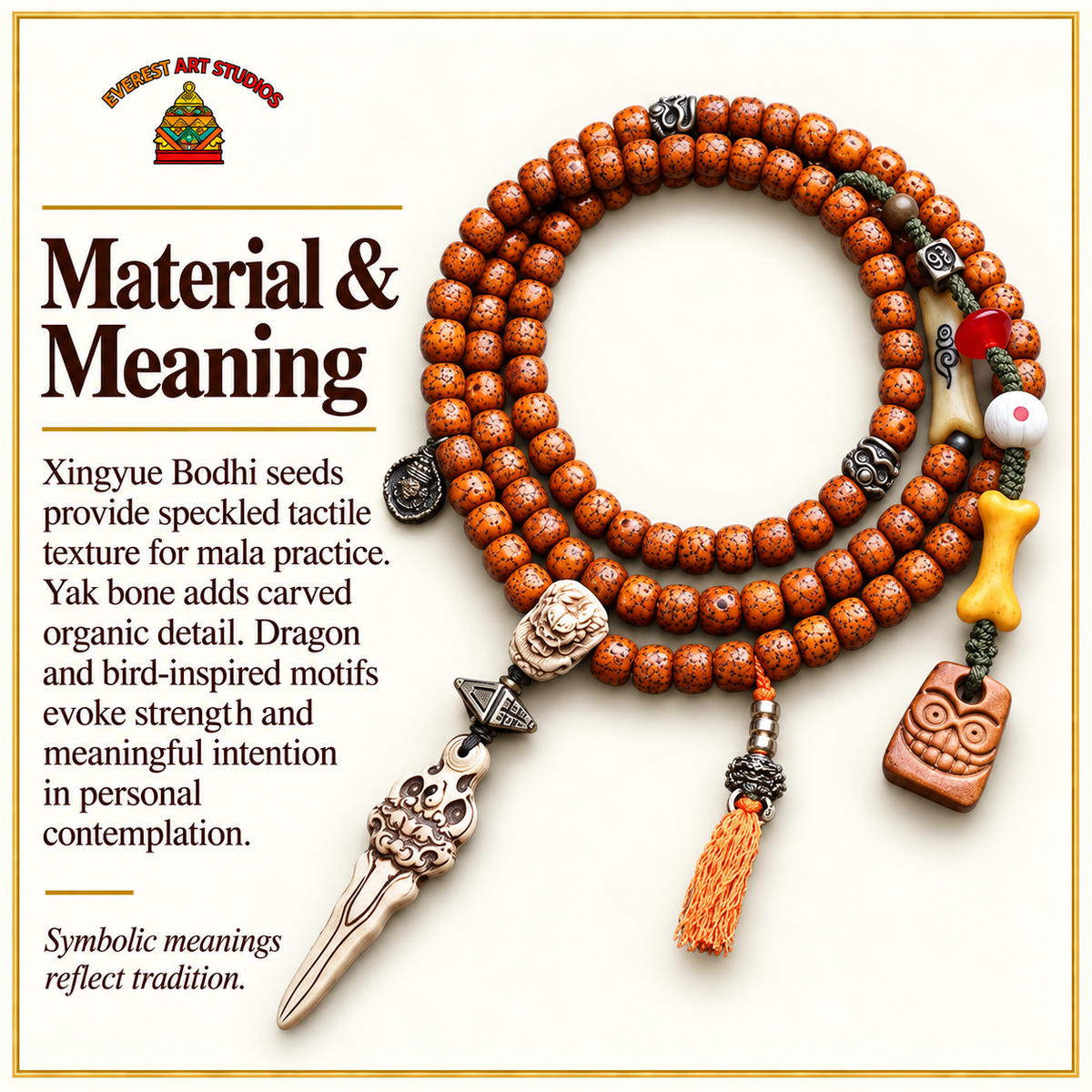 EverestArtstudios Xingyue Bodhi 108-Bead Mala with Yak Bone and Dragon Motif Accents — materials meaning