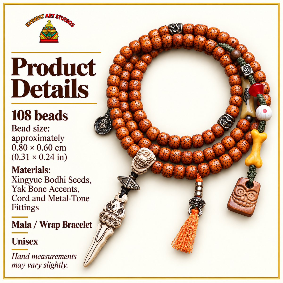 EverestArtstudios Xingyue Bodhi 108-Bead Mala with Yak Bone and Dragon Motif Accents — specifications