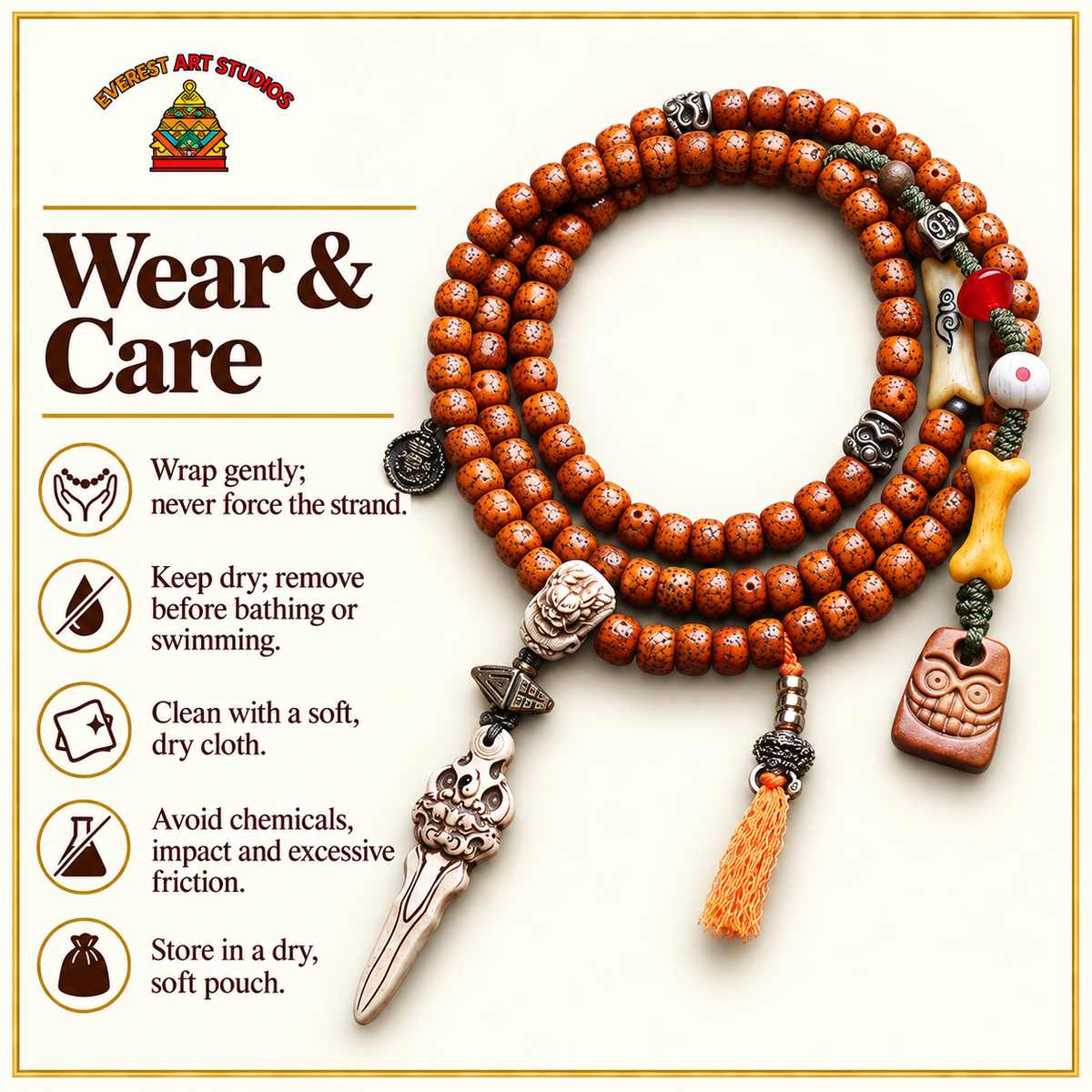 EverestArtstudios Xingyue Bodhi 108-Bead Mala with Yak Bone and Dragon Motif Accents — care
