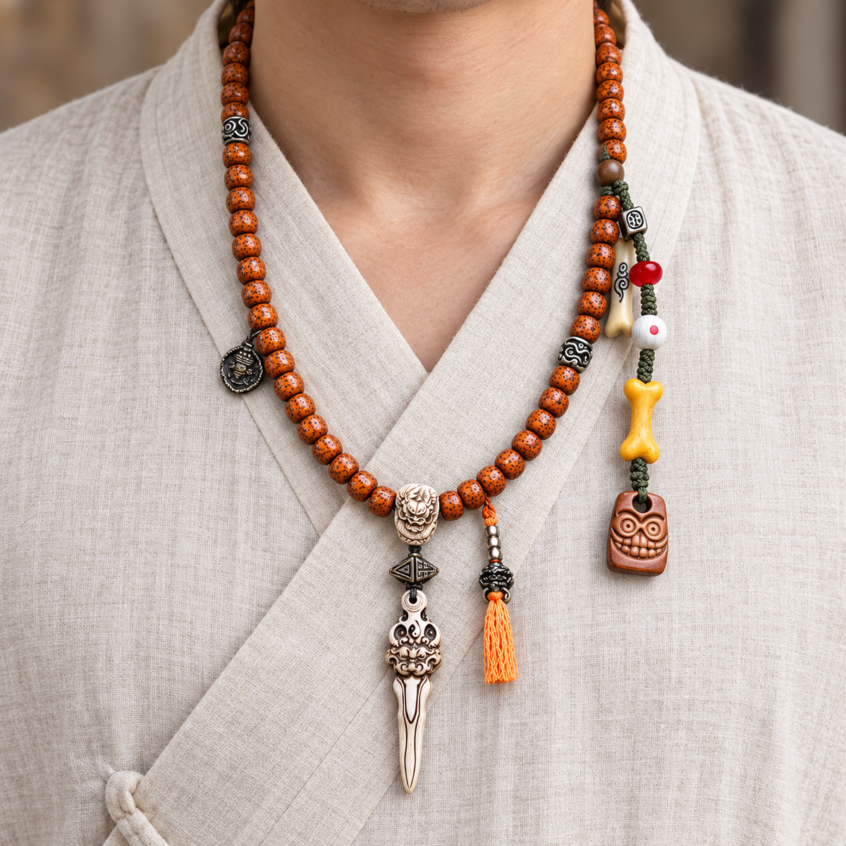 EverestArtstudios Xingyue Bodhi 108-Bead Mala with Yak Bone and Dragon Motif Accents — linen front