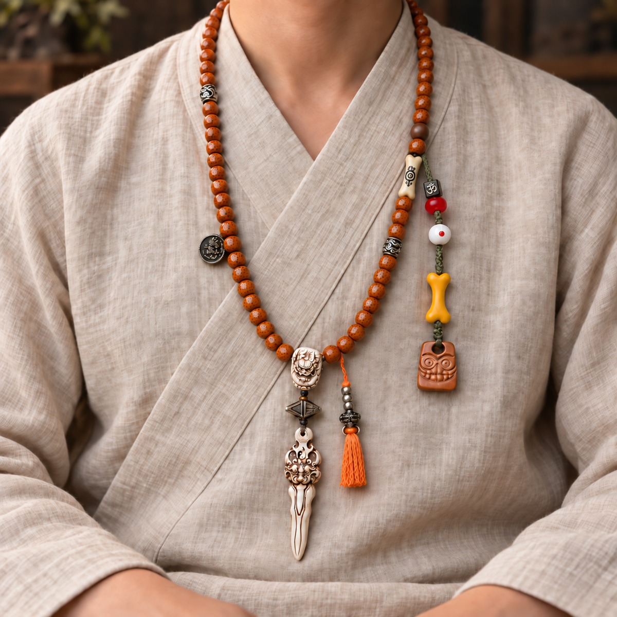 EverestArtstudios Xingyue Bodhi 108-Bead Mala with Yak Bone and Dragon Motif Accents — linen seated