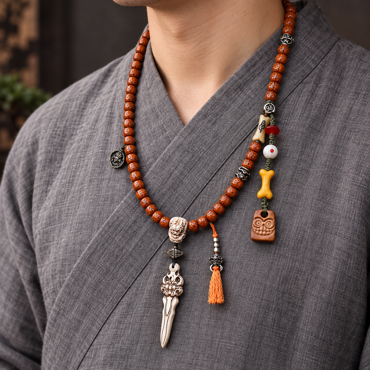 EverestArtstudios Xingyue Bodhi 108-Bead Mala with Yak Bone and Dragon Motif Accents — linen side