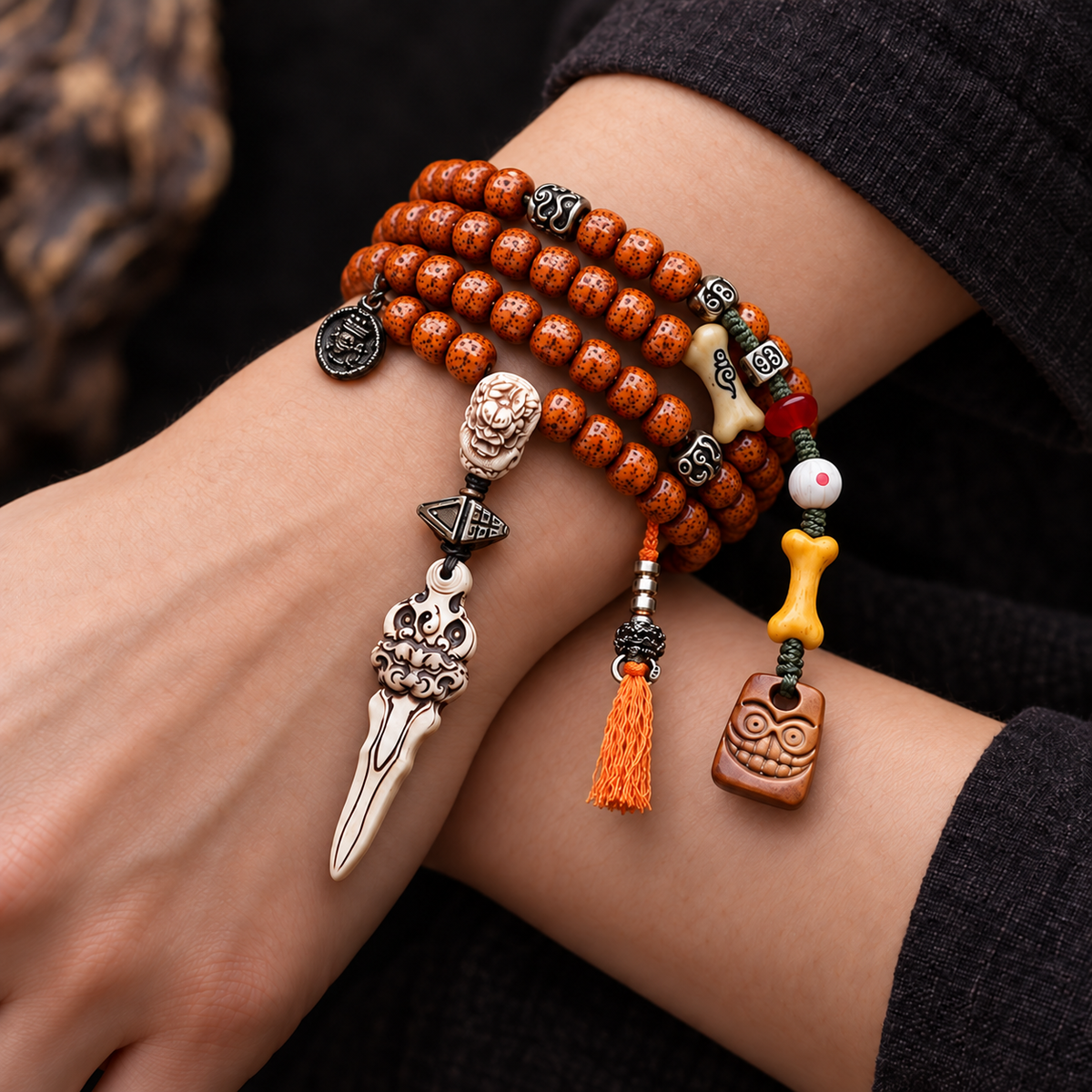 EverestArtstudios Xingyue Bodhi 108-Bead Mala with Yak Bone and Dragon Motif Accents — wrist crossed