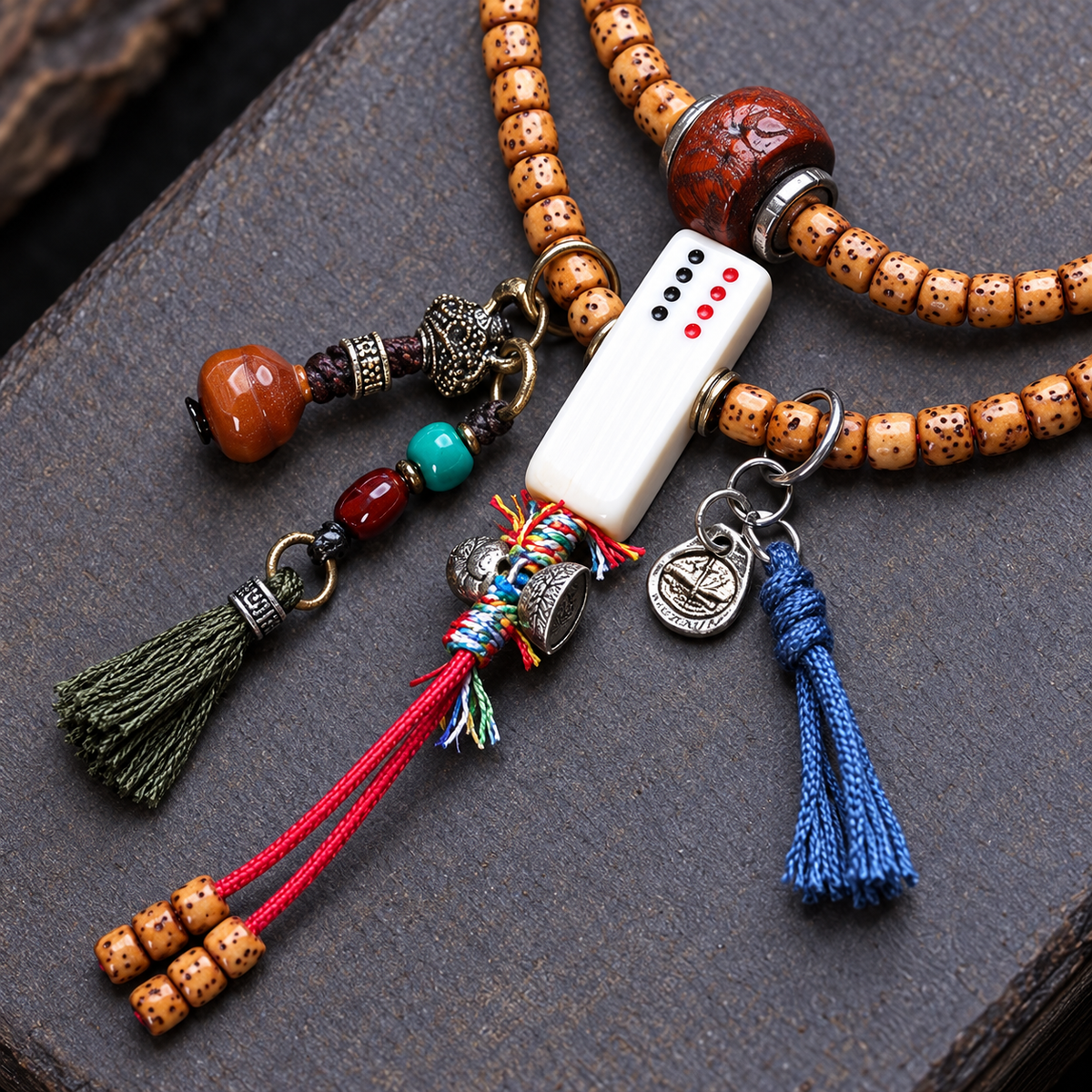 EverestArtstudios Xingyue Bodhi 108-Bead Mala with Phoenix Eye Bodhi and Agate Accents — connection detail