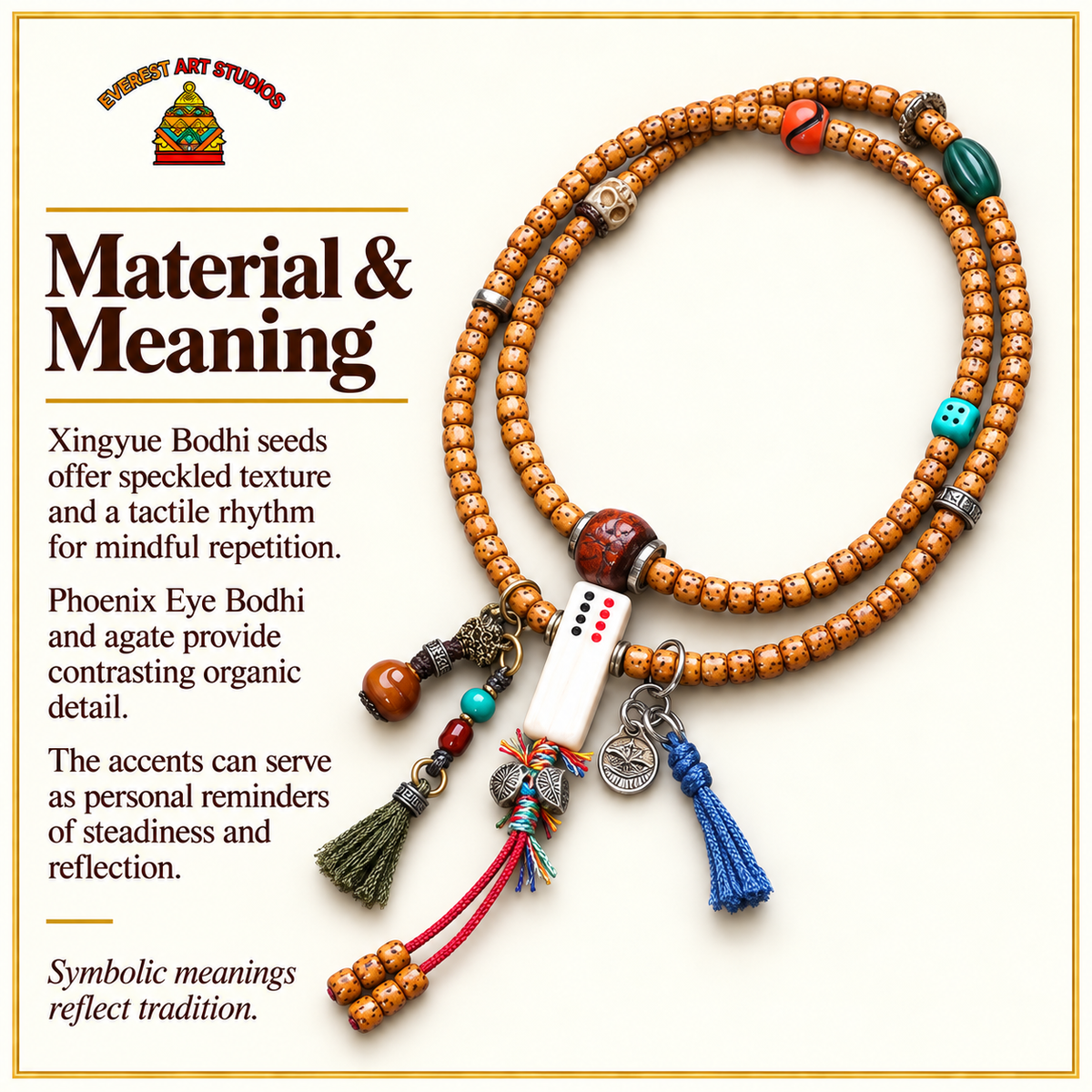 EverestArtstudios Xingyue Bodhi 108-Bead Mala with Phoenix Eye Bodhi and Agate Accents — materials meaning