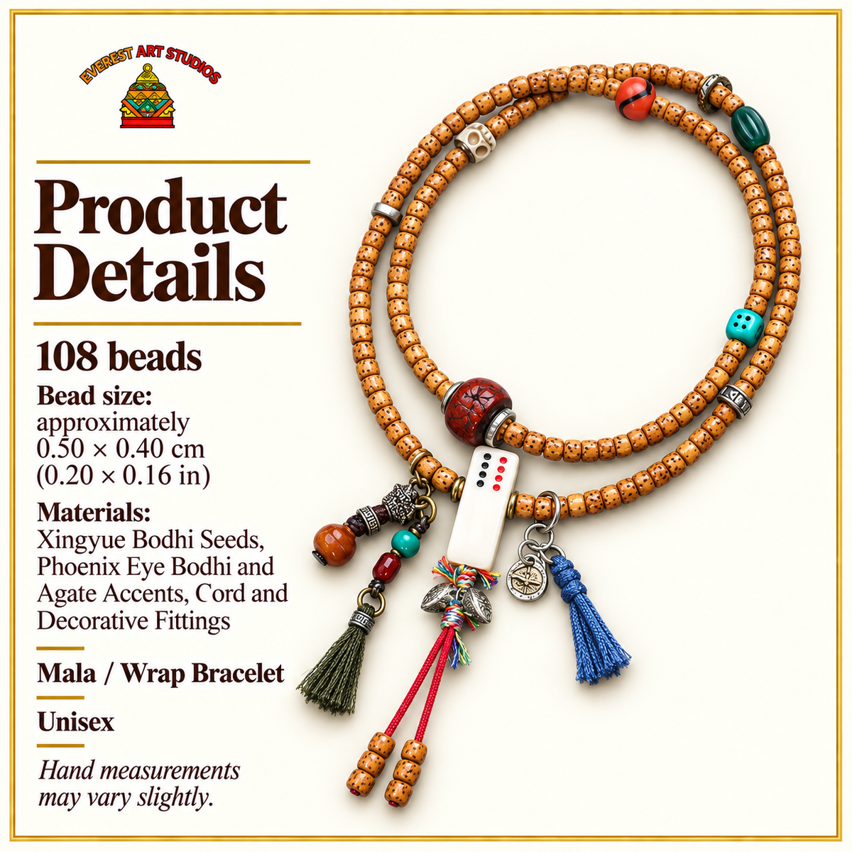 EverestArtstudios Xingyue Bodhi 108-Bead Mala with Phoenix Eye Bodhi and Agate Accents — specifications