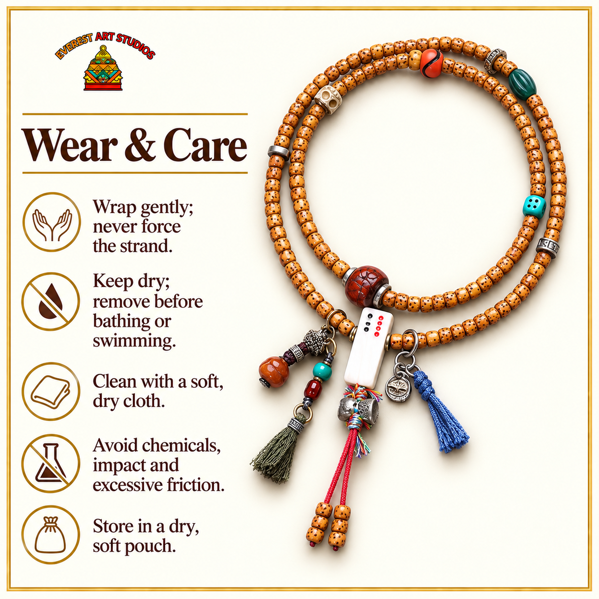 EverestArtstudios Xingyue Bodhi 108-Bead Mala with Phoenix Eye Bodhi and Agate Accents — care