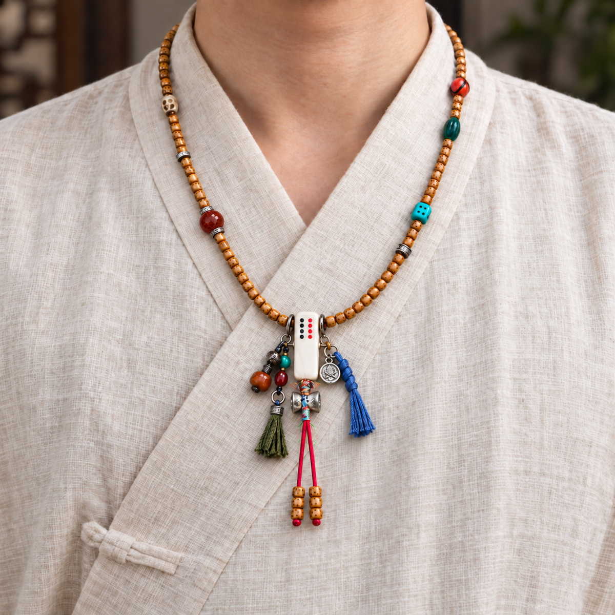 EverestArtstudios Xingyue Bodhi 108-Bead Mala with Phoenix Eye Bodhi and Agate Accents — linen front