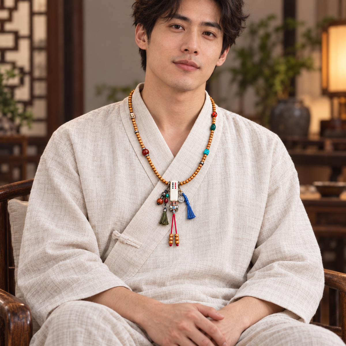 EverestArtstudios Xingyue Bodhi 108-Bead Mala with Phoenix Eye Bodhi and Agate Accents — linen seated