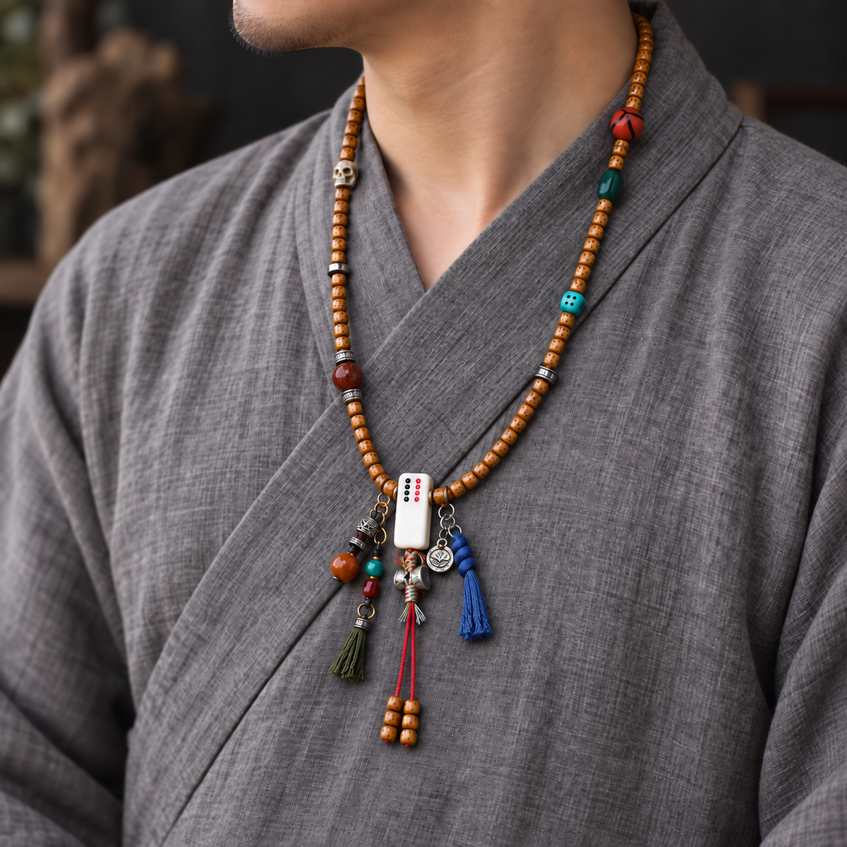 EverestArtstudios Xingyue Bodhi 108-Bead Mala with Phoenix Eye Bodhi and Agate Accents — linen side