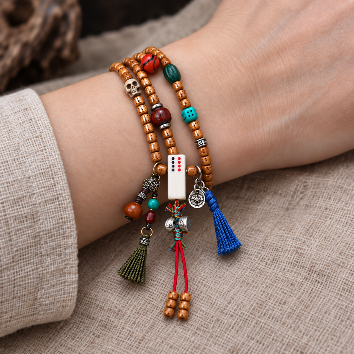 EverestArtstudios Xingyue Bodhi 108-Bead Mala with Phoenix Eye Bodhi and Agate Accents — wrist resting