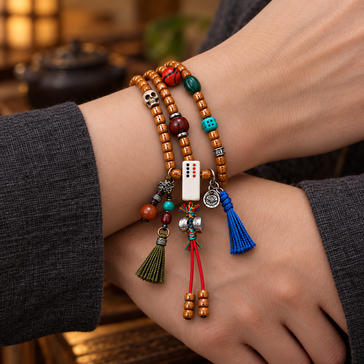 EverestArtstudios Xingyue Bodhi 108-Bead Mala with Phoenix Eye Bodhi and Agate Accents — wrist crossed