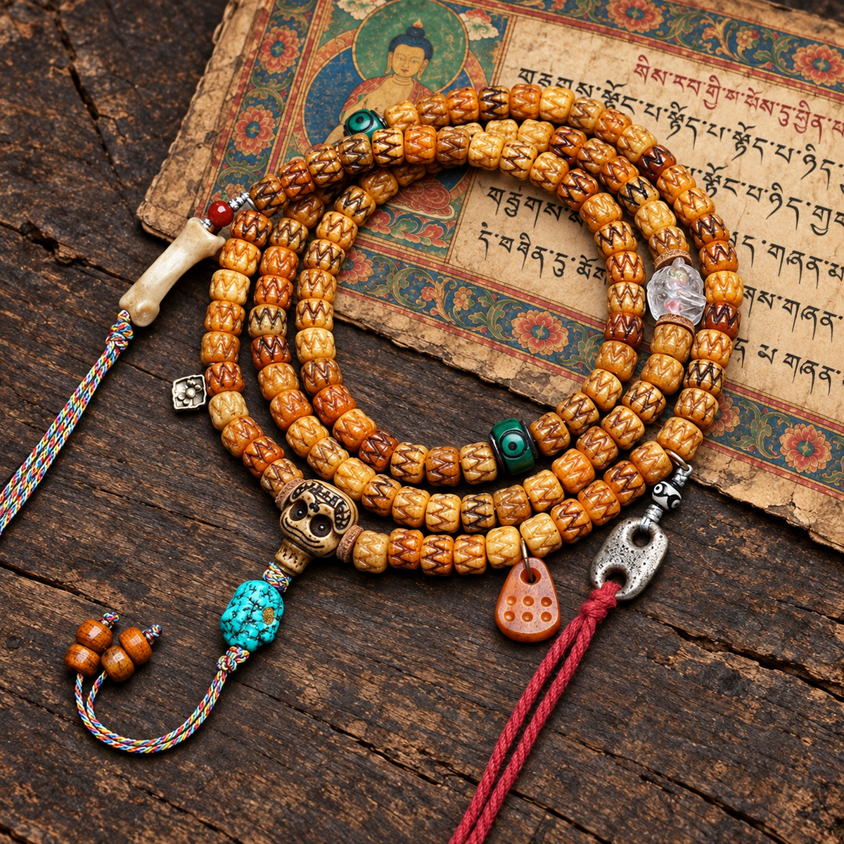 EverestArtstudios Carved Bone 108-Bead Mala with Turquoise and Glass Accents — full product