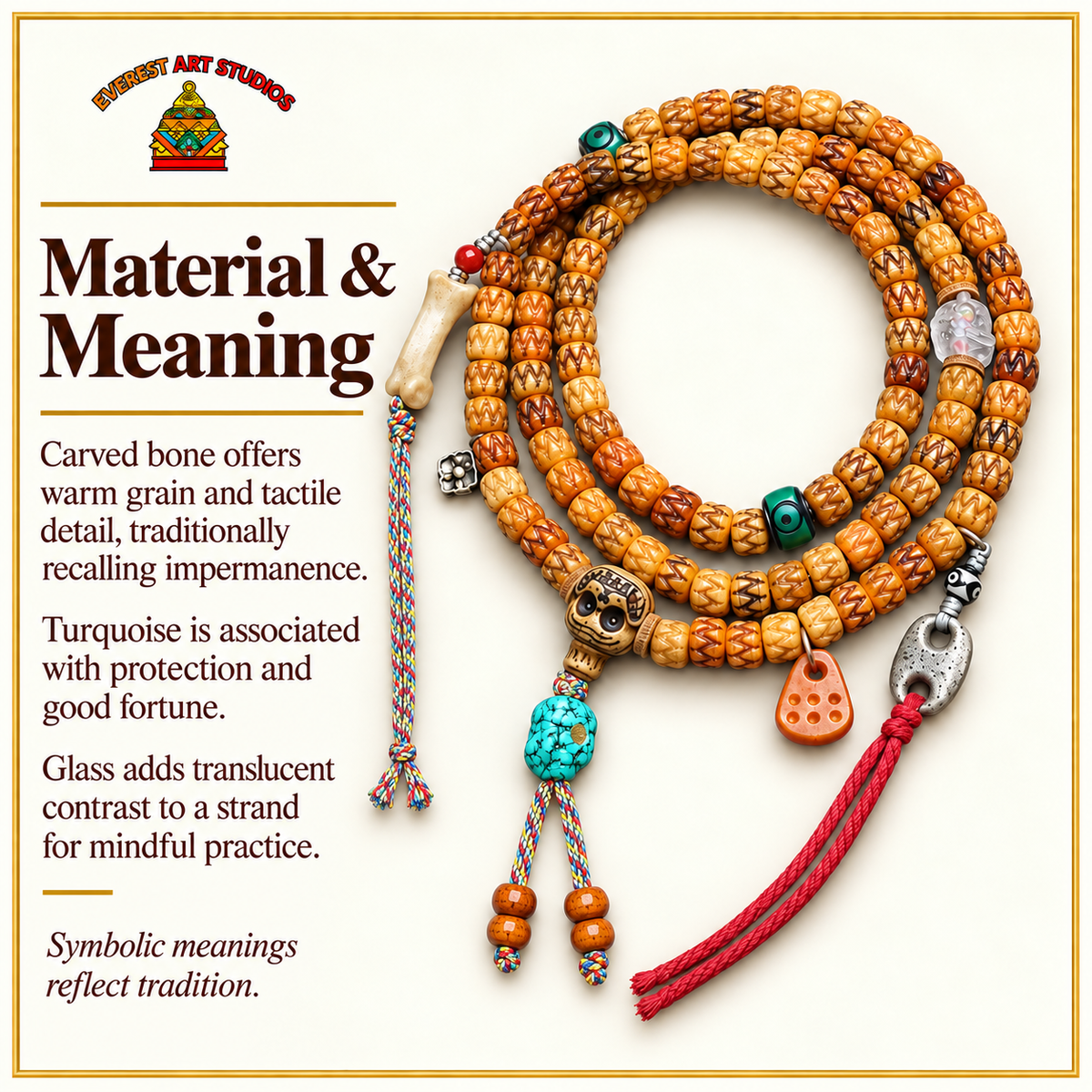 EverestArtstudios Carved Bone 108-Bead Mala with Turquoise and Glass Accents — materials meaning