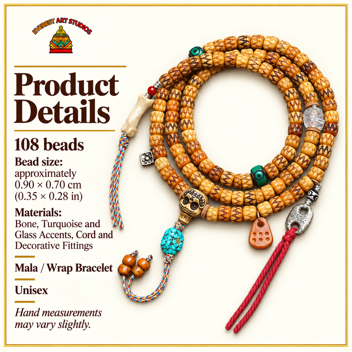 EverestArtstudios Carved Bone 108-Bead Mala with Turquoise and Glass Accents — specifications