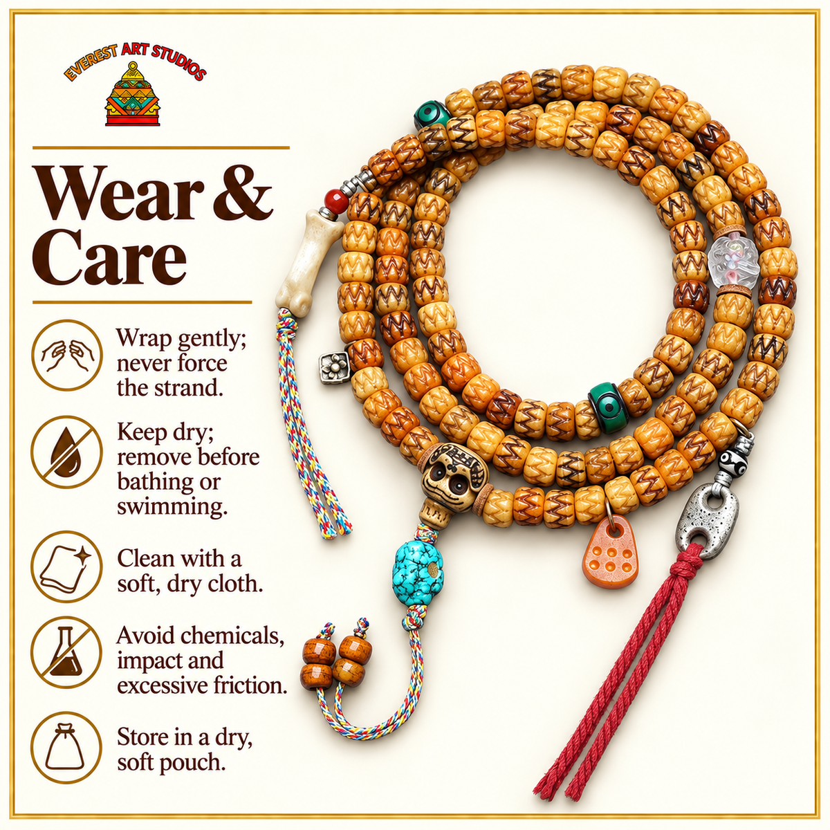 EverestArtstudios Carved Bone 108-Bead Mala with Turquoise and Glass Accents — care