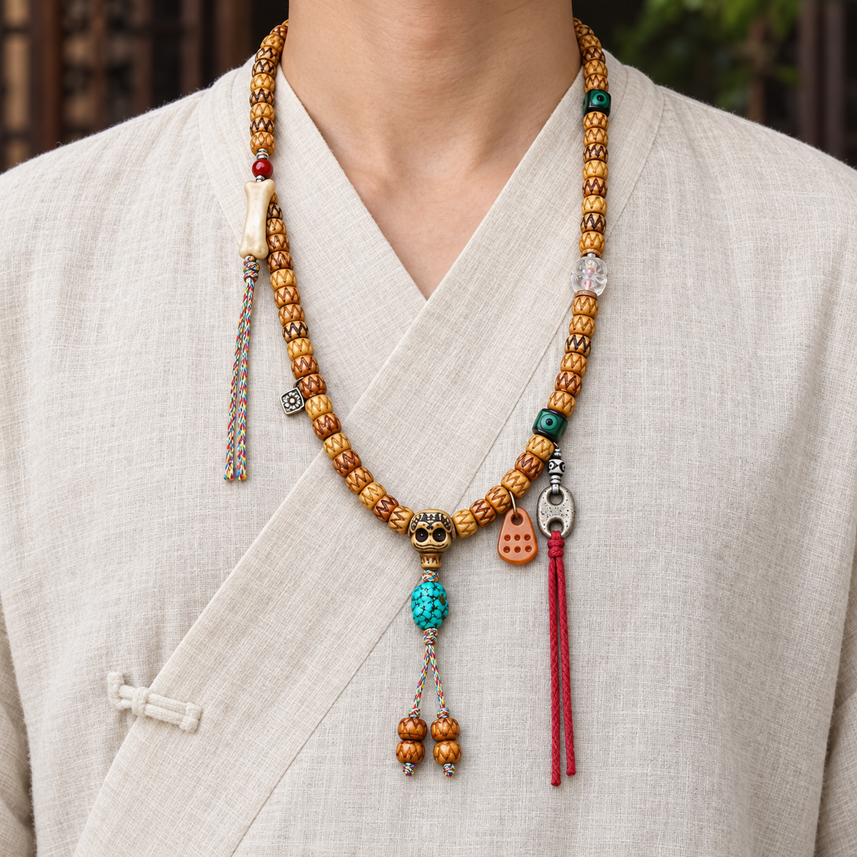 EverestArtstudios Carved Bone 108-Bead Mala with Turquoise and Glass Accents — linen front