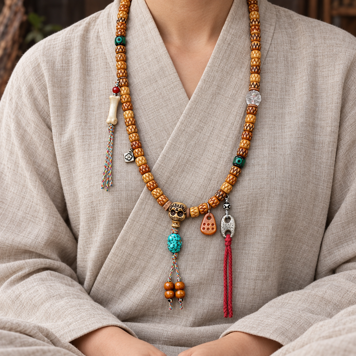 EverestArtstudios Carved Bone 108-Bead Mala with Turquoise and Glass Accents — linen seated