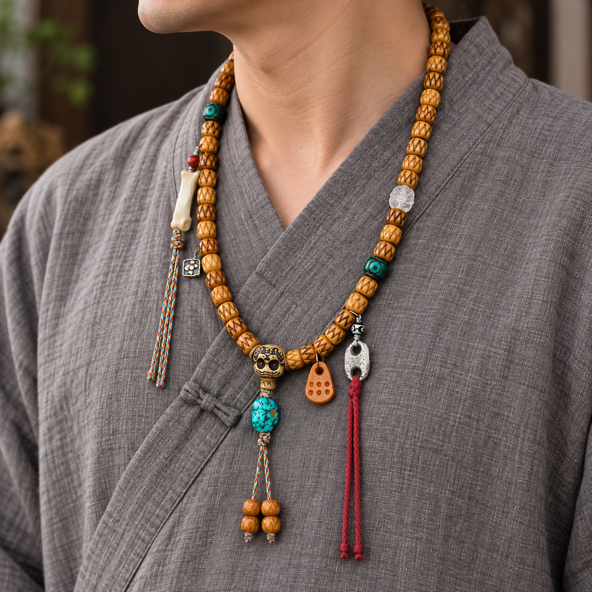 EverestArtstudios Carved Bone 108-Bead Mala with Turquoise and Glass Accents — linen side
