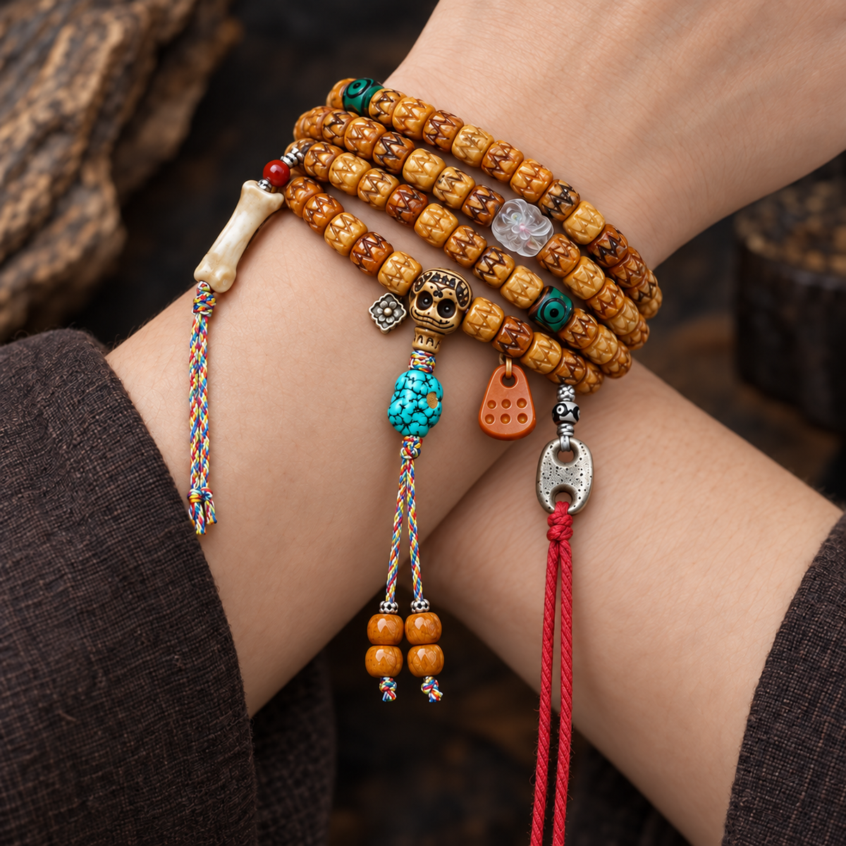EverestArtstudios Carved Bone 108-Bead Mala with Turquoise and Glass Accents — wrist crossed
