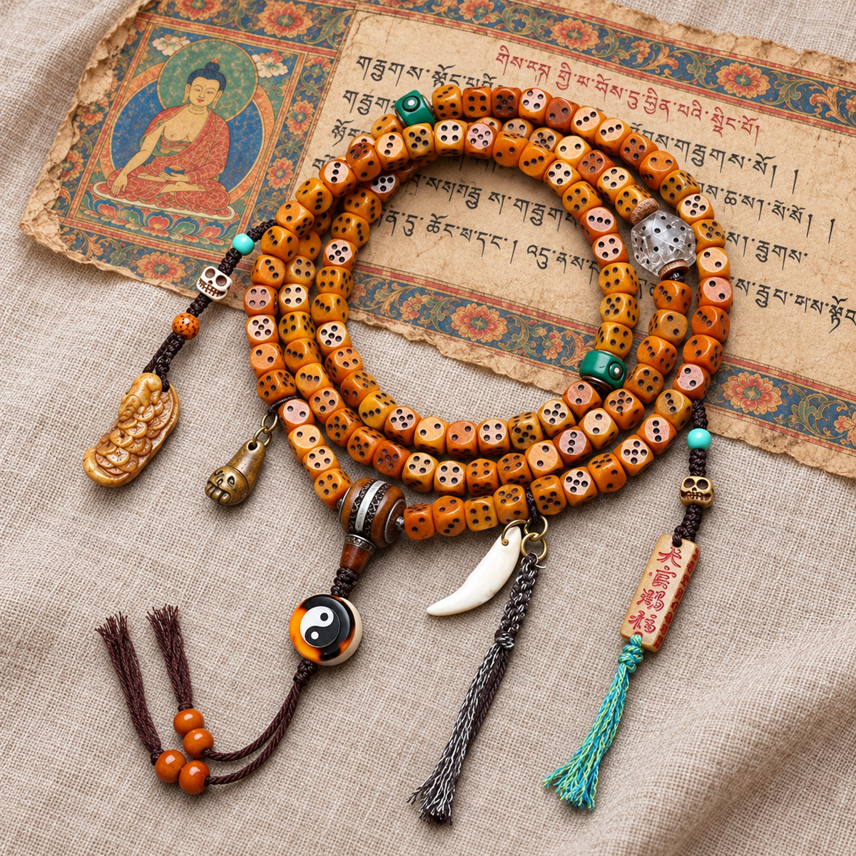 EverestArtstudios Dice-Carved Yak Bone 108-Bead Mala with Camel Bone Accents — full product