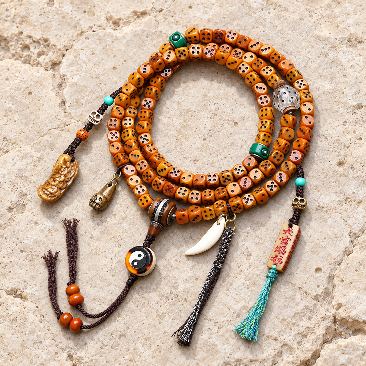EverestArtstudios Dice-Carved Yak Bone 108-Bead Mala with Camel Bone Accents — overall display