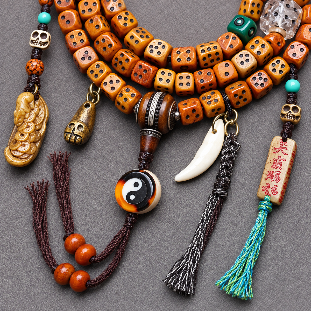 EverestArtstudios Dice-Carved Yak Bone 108-Bead Mala with Camel Bone Accents — connection detail