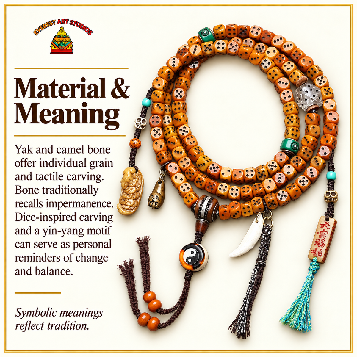EverestArtstudios Dice-Carved Yak Bone 108-Bead Mala with Camel Bone Accents — materials meaning