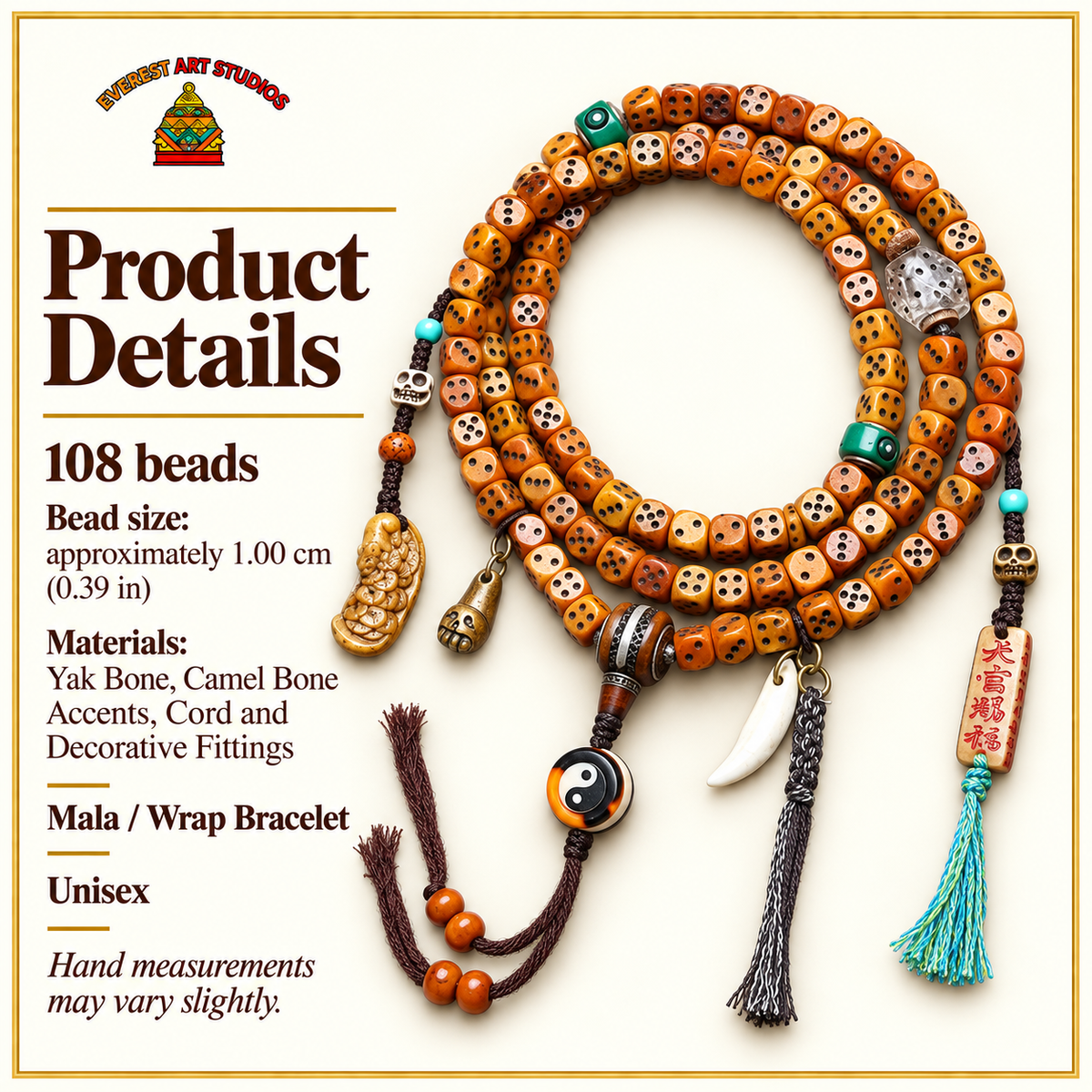 EverestArtstudios Dice-Carved Yak Bone 108-Bead Mala with Camel Bone Accents — specifications