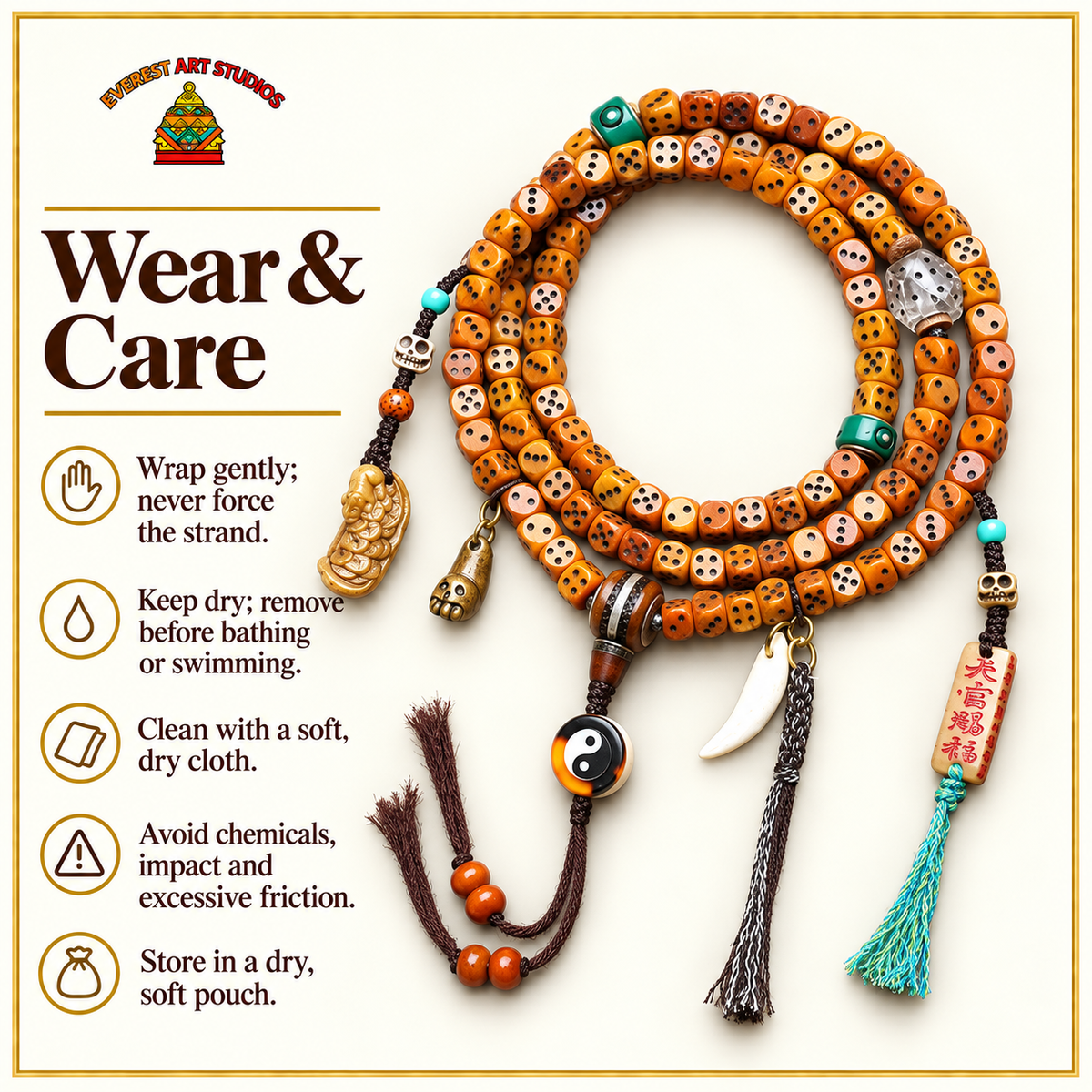 EverestArtstudios Dice-Carved Yak Bone 108-Bead Mala with Camel Bone Accents — care