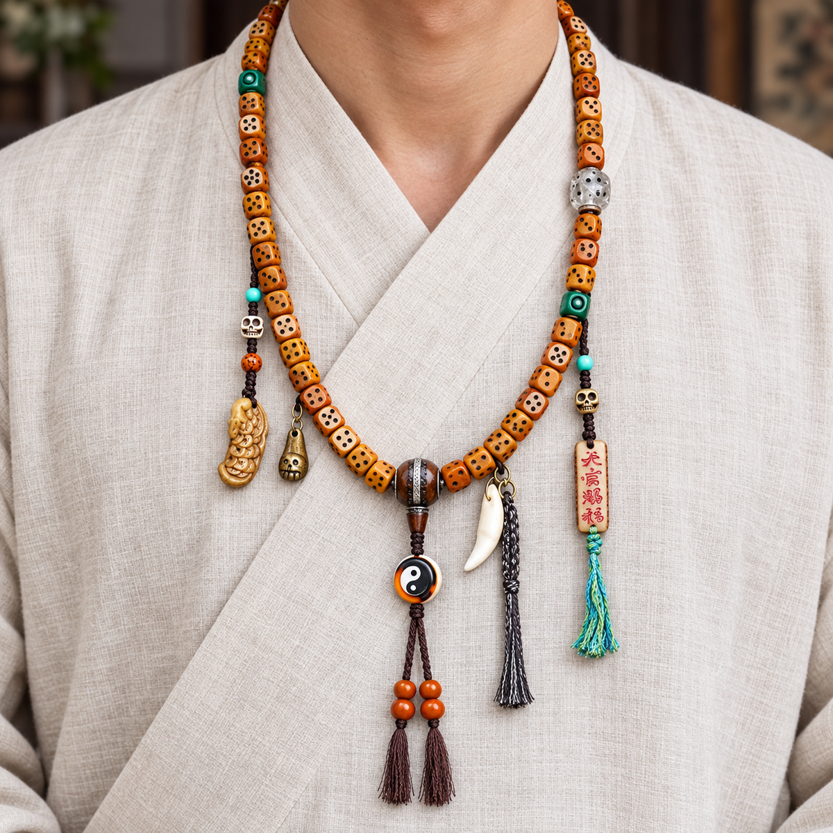 EverestArtstudios Dice-Carved Yak Bone 108-Bead Mala with Camel Bone Accents — linen front