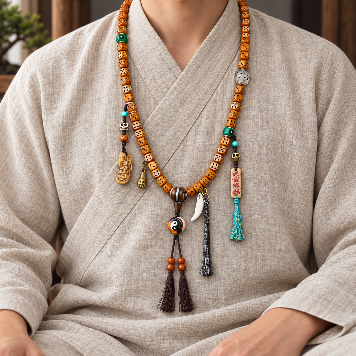 EverestArtstudios Dice-Carved Yak Bone 108-Bead Mala with Camel Bone Accents — linen seated