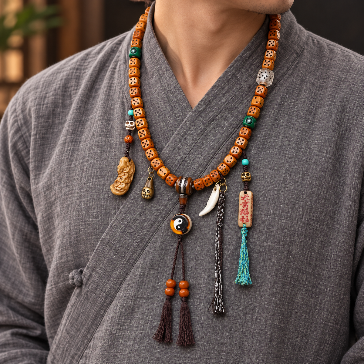 EverestArtstudios Dice-Carved Yak Bone 108-Bead Mala with Camel Bone Accents — linen side