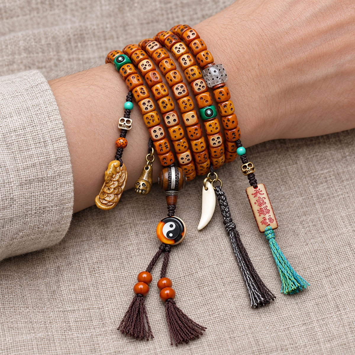 EverestArtstudios Dice-Carved Yak Bone 108-Bead Mala with Camel Bone Accents — wrist resting