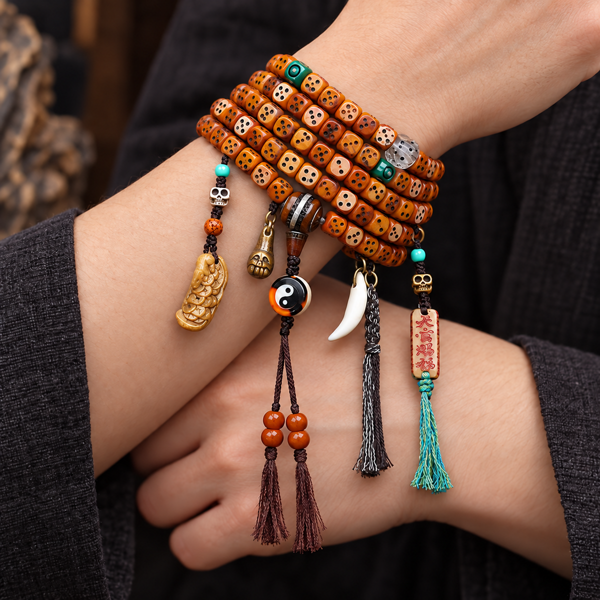EverestArtstudios Dice-Carved Yak Bone 108-Bead Mala with Camel Bone Accents — wrist crossed