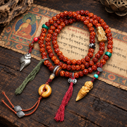 EverestArtstudios Carved Bone 108-Bead Mala with Safety Ring and Bird Motif Charms — full product