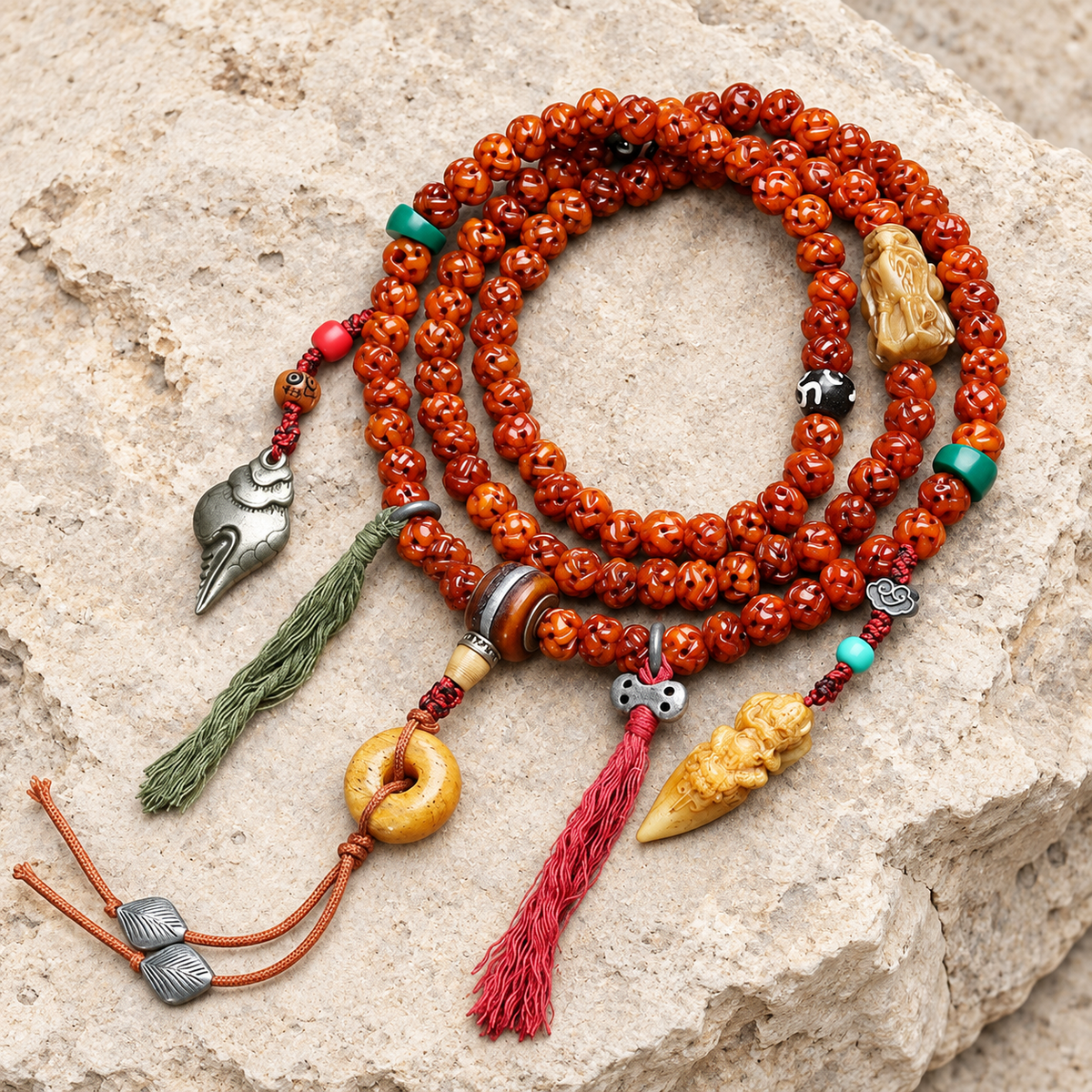 EverestArtstudios Carved Bone 108-Bead Mala with Safety Ring and Bird Motif Charms — overall display