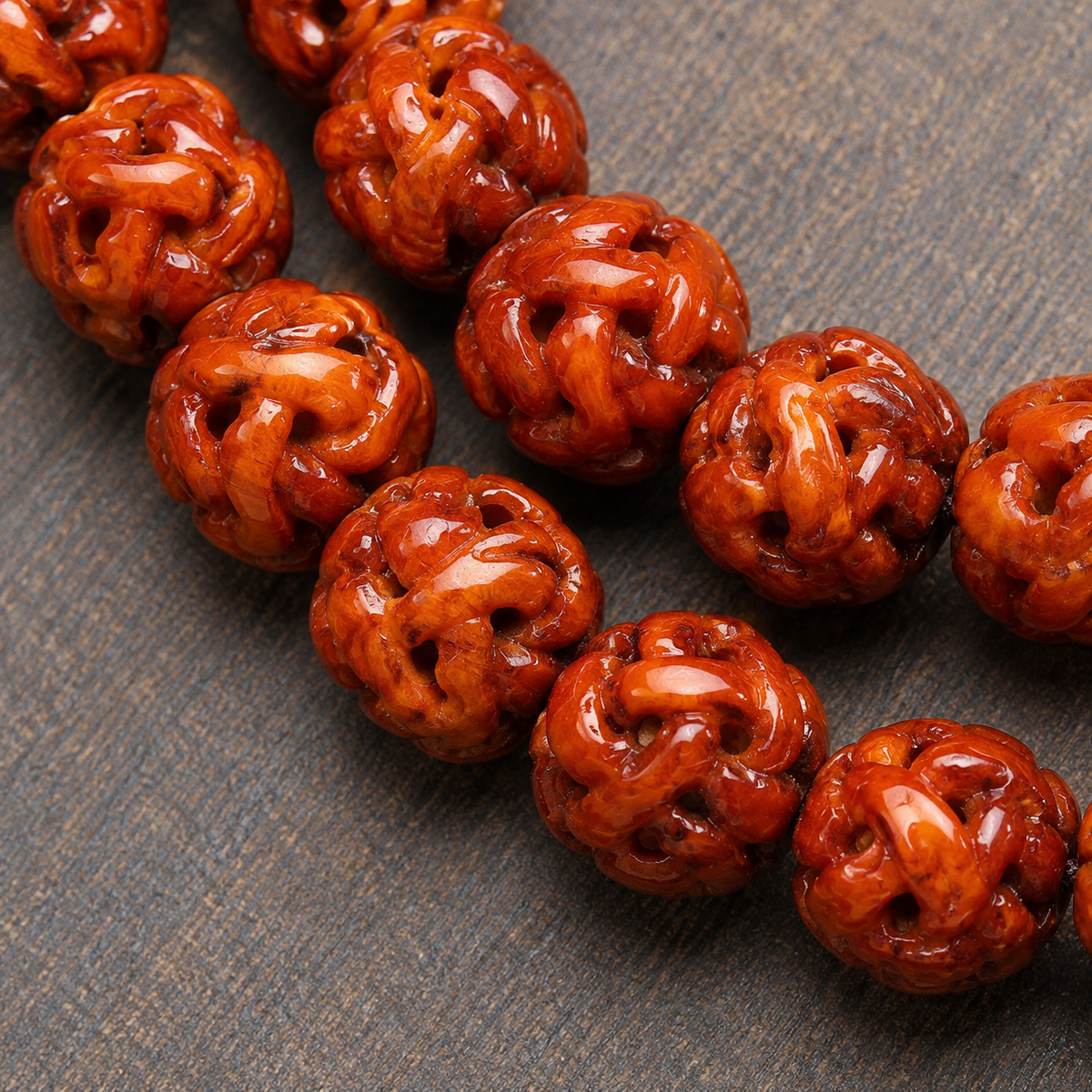 EverestArtstudios Carved Bone 108-Bead Mala with Safety Ring and Bird Motif Charms — bead detail