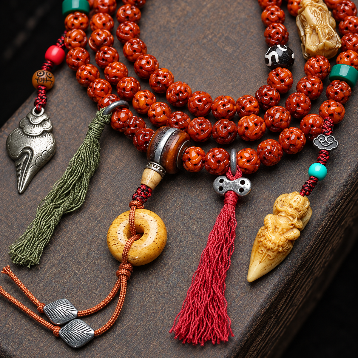 EverestArtstudios Carved Bone 108-Bead Mala with Safety Ring and Bird Motif Charms — connection detail