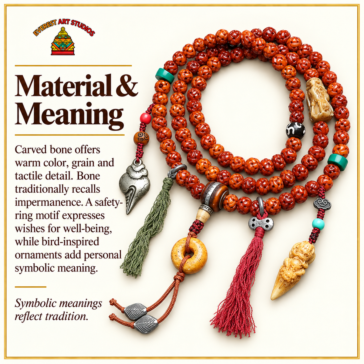 EverestArtstudios Carved Bone 108-Bead Mala with Safety Ring and Bird Motif Charms — materials meaning