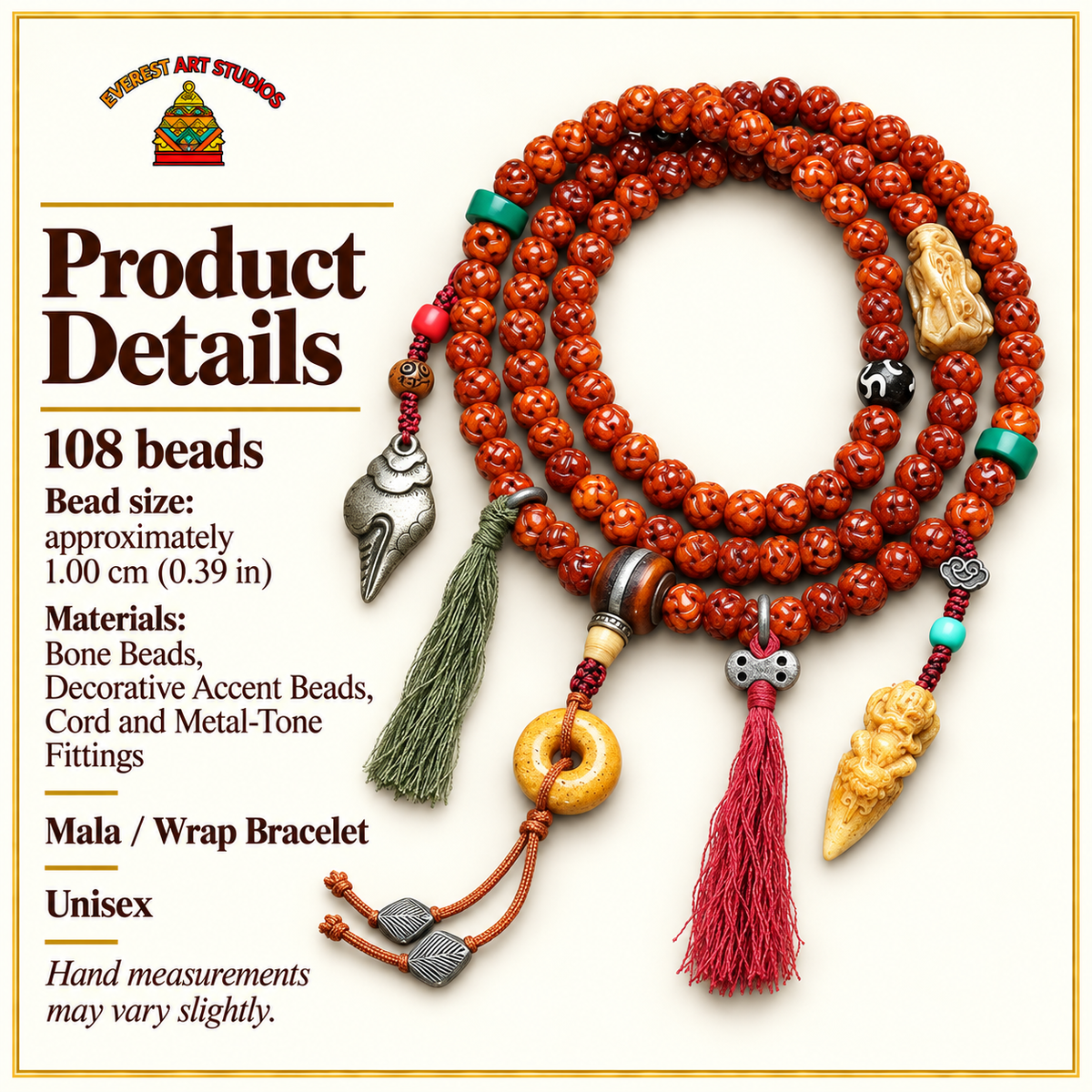 EverestArtstudios Carved Bone 108-Bead Mala with Safety Ring and Bird Motif Charms — specifications