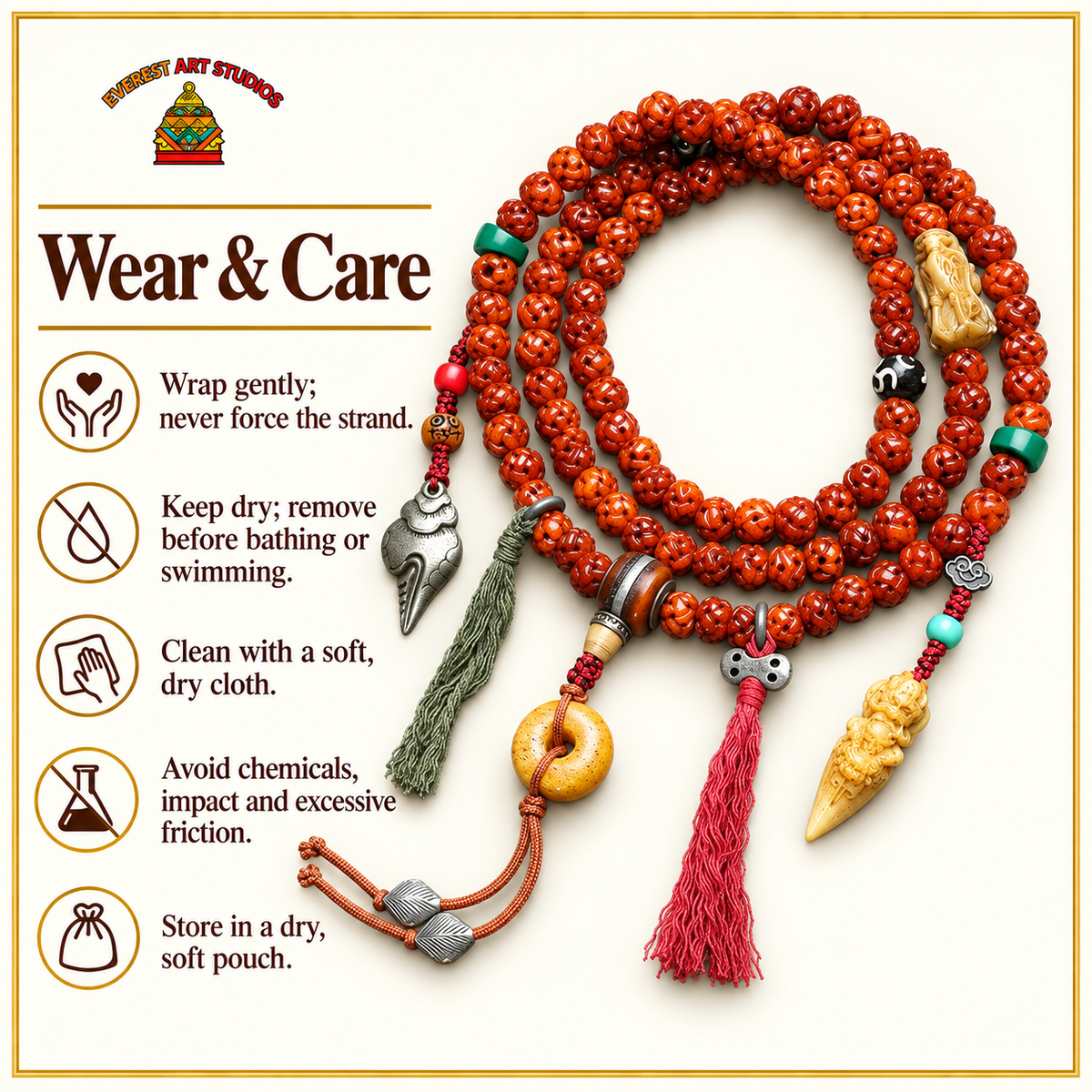 EverestArtstudios Carved Bone 108-Bead Mala with Safety Ring and Bird Motif Charms — care