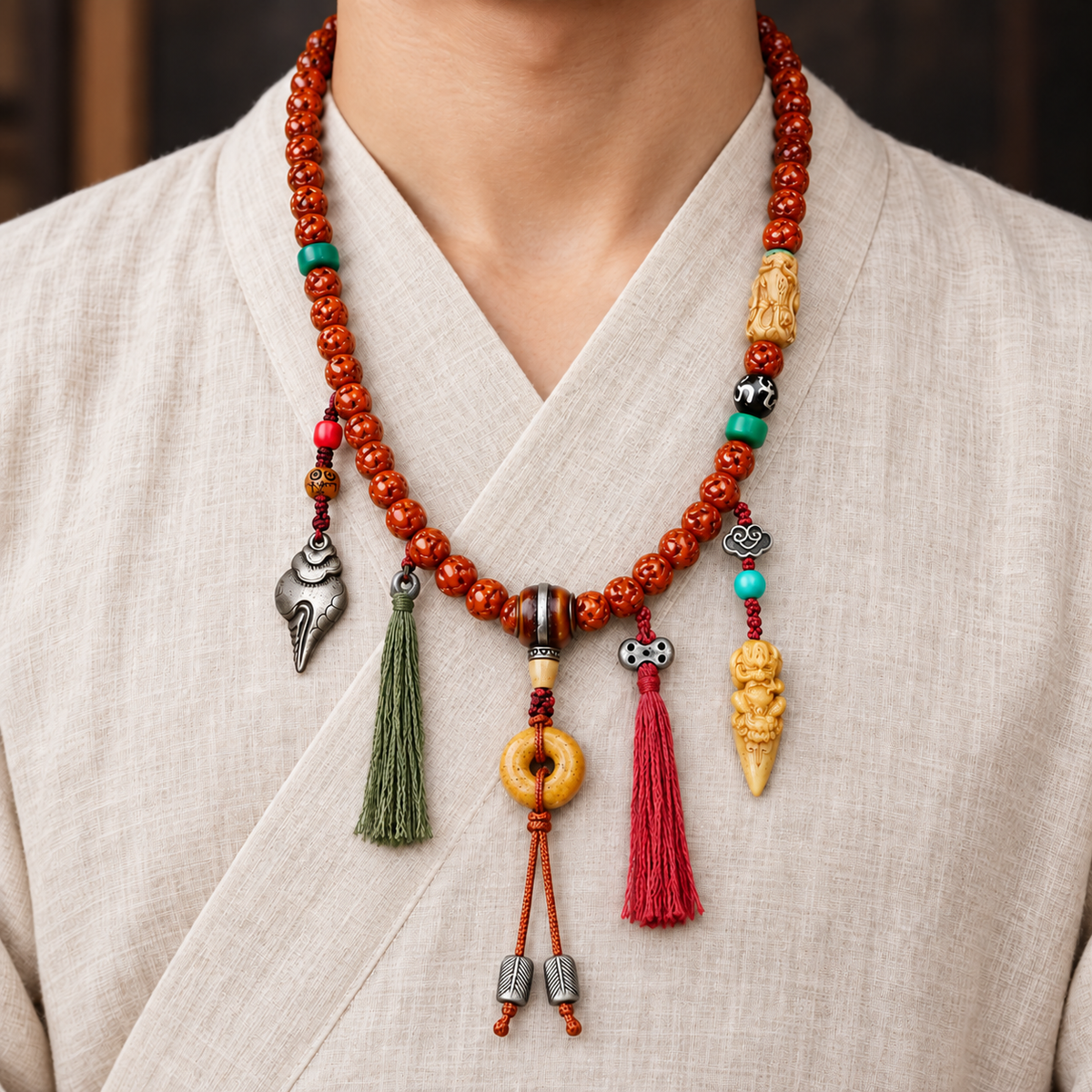 EverestArtstudios Carved Bone 108-Bead Mala with Safety Ring and Bird Motif Charms — linen front