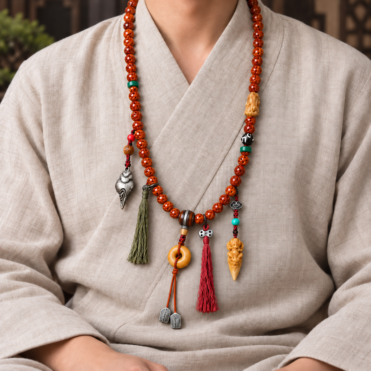EverestArtstudios Carved Bone 108-Bead Mala with Safety Ring and Bird Motif Charms — linen seated