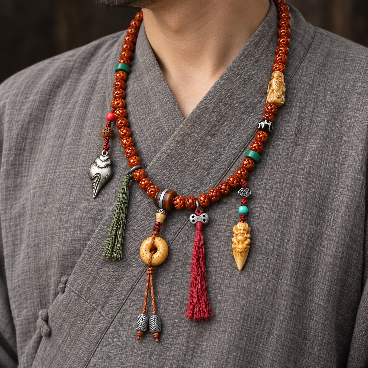 EverestArtstudios Carved Bone 108-Bead Mala with Safety Ring and Bird Motif Charms — linen side